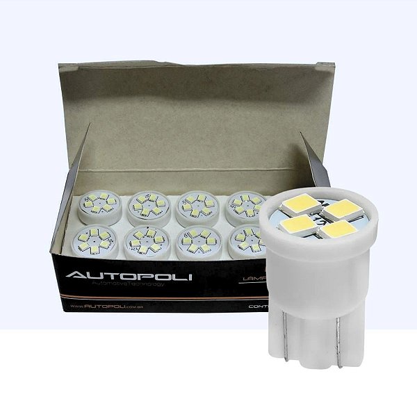LÂMPADA LED T10 12V AUTOPOLI 1,8W BRANCA 2821 KIT 10 PEÇAS