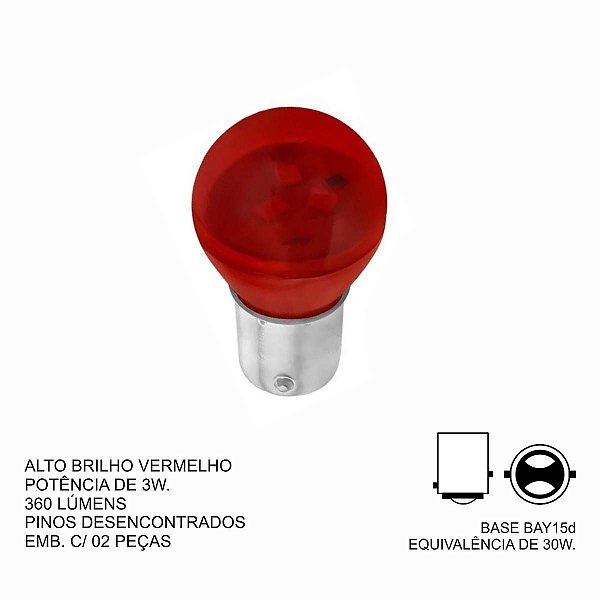 PAR LÂMPADA LED 24V LUZ VERMELHA FREIO LATERAL 3W AUTOPOLI