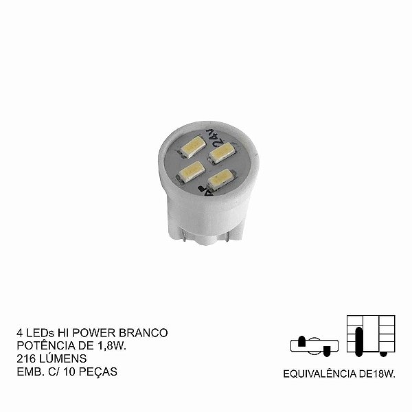 LÂMPADA LED T10 24V AUTOPOLI 1,8W BRANCA 216 LUMENS KIT 10