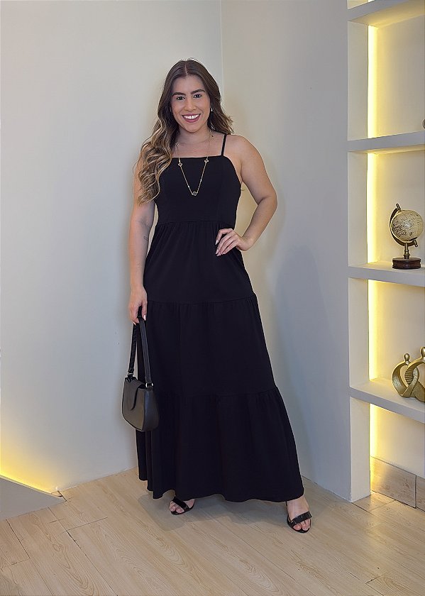 Vestido Sarja Decote Reto - Preto