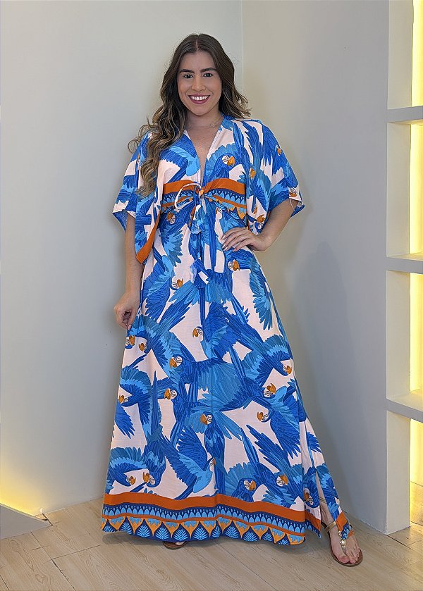 Vestido Viscolinho - Azul com Laranja