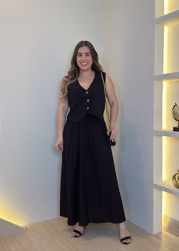 Conjunto Saia Linho Colete - Preto