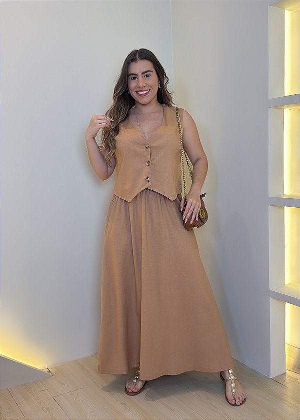 Conjunto Saia Linho Colete - Nude