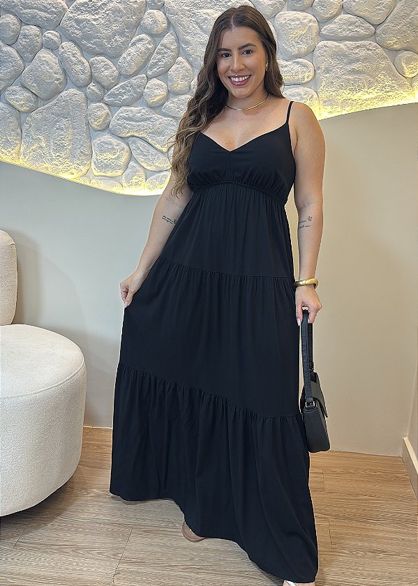 Vestido Preto em Viscose Sarjada – Decote V e Marias | Tamanho Único