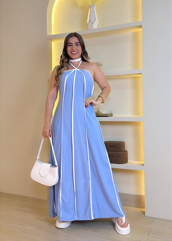 Vestido Frente Única Bicolor - Azul