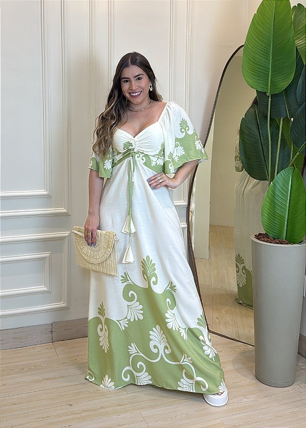 Vestido Viscolinho- Verde-e-Branco