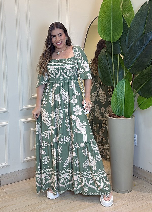 Vestido Viscolinho Elástico- Verde com  Branco