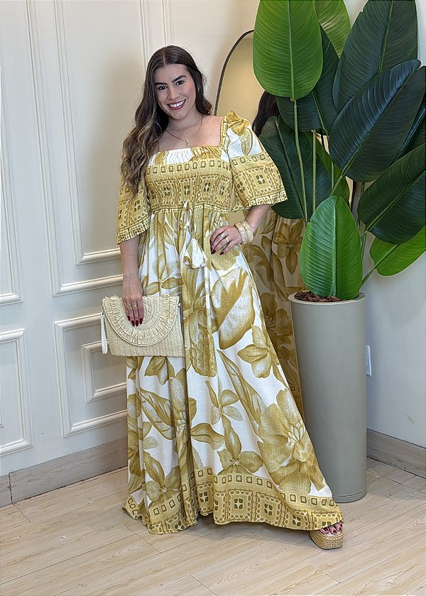 Vestido Viscolinho Elástico-Amarelo