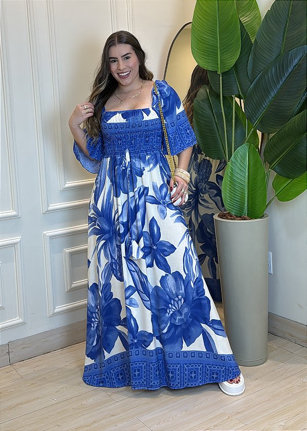 Vestido Viscolinho Elástico-Azul