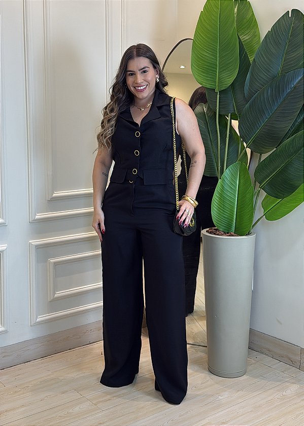 Conjunto Feminino Alfaiataria Marrant – Colete e Calça Pantalona Preto
