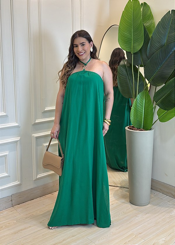 Vestido Longo Linho Tamanho Único com Argola e Fenda Lateral - Verde Bandeira
