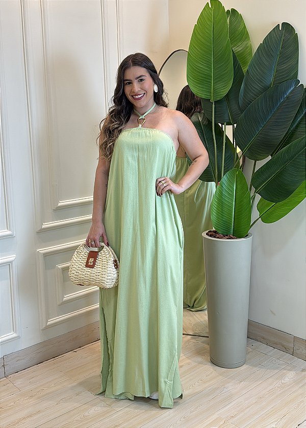 Vestido Longo Linho Tamanho Único com Argola e Fenda Lateral - Verde Menta
