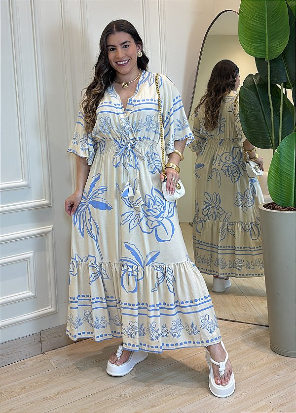 Vestido Midi Azul em Viscolinho – Modelagem Fluida que Veste do 36 ao 44