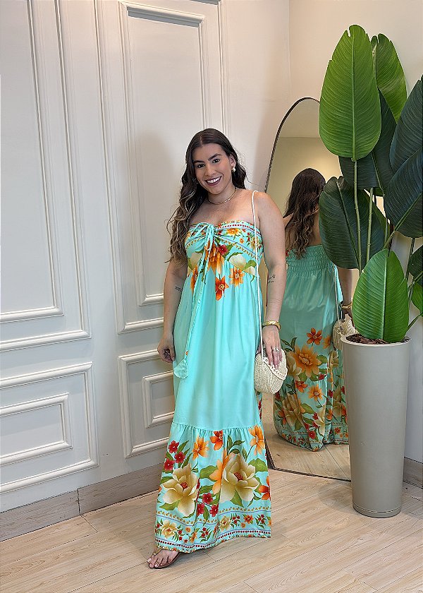 Vestido Midi Verde Água em Viscolinho – Estampado, Fluido e Tamanho Único 36 ao 42