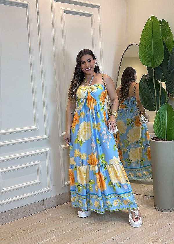 Vestido Midi Azul em Viscolinho – Estampado, Fluido e Tamanho Único 36 ao 42