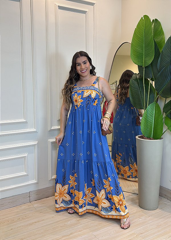 Vestido Midi Viscolinho Estampa Azul Floral – Caimento Leve e Elástico nas Costas