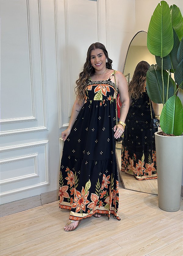 Vestido Midi Viscolinho Estampa Preta Floral – Caimento Leve com Elástico nas Costas