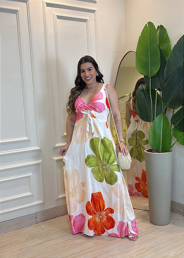 Vestido Longo Viscolinho Floral Off com Amarração Frontal – Caimento Leve, Cores Vibrantes e Conforto Absoluto