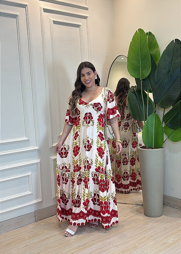 Vestido Longo Feminino em Viscolinho Floral Vermelho com Elástico nas Costas – Leve e Confortável