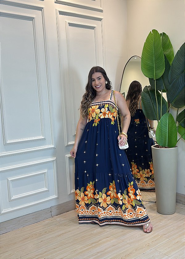 Vestido Midi Viscolinho Estampa Fundo Azul – Caimento Leve e VElástico nas Costas