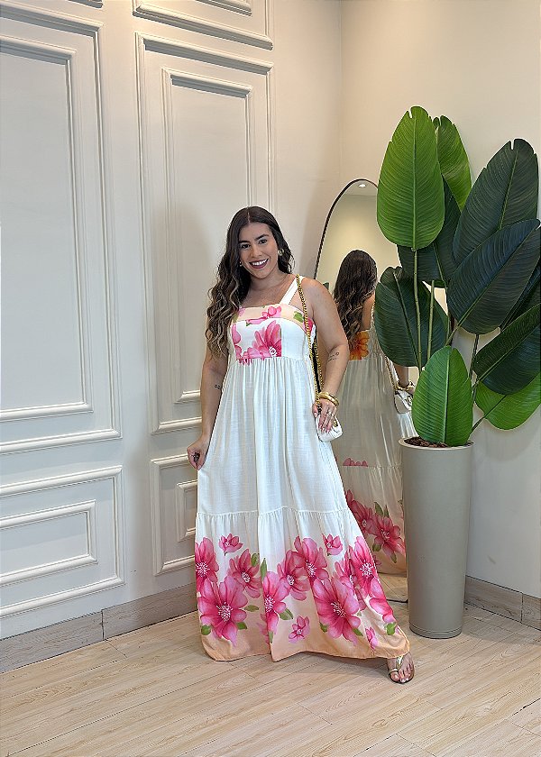 Vestido Midi Viscolinho Estampa Floral Rosa– Caimento Leve e Elástico nas Costas