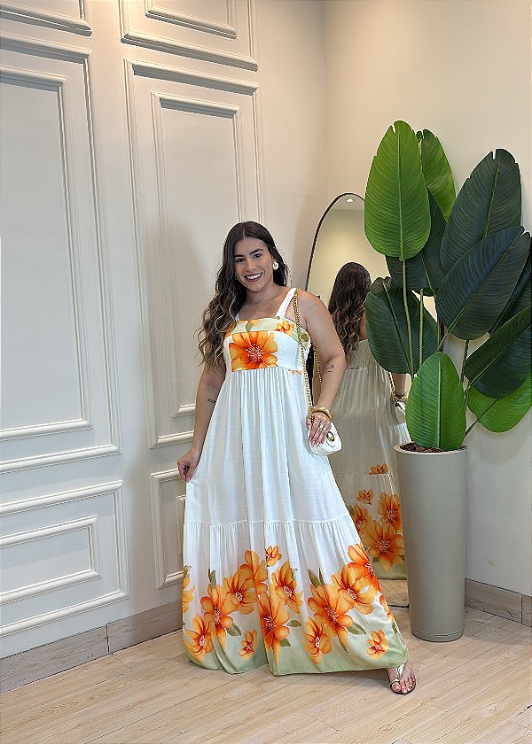 Vestido Midi Viscolinho Estampa Floral Verde Caimento Leve e Elástico nas Costas