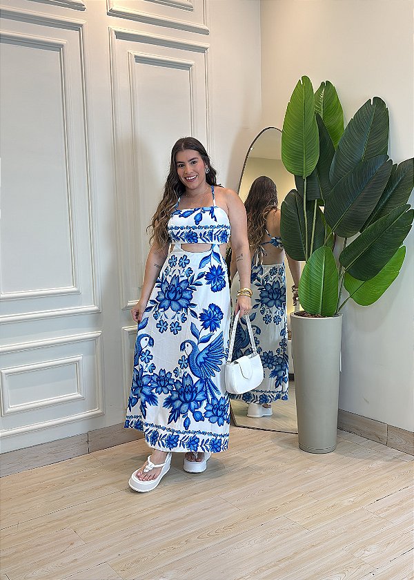 Vestido Midi Feminino em Crepe com Recorte Vazado e Amarração – Estampa Floral Azul