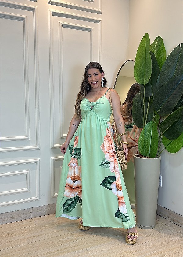 Vestido Midi Feminino em Crepe com Nó Frontal e Amarração – Estampa Floral Verde