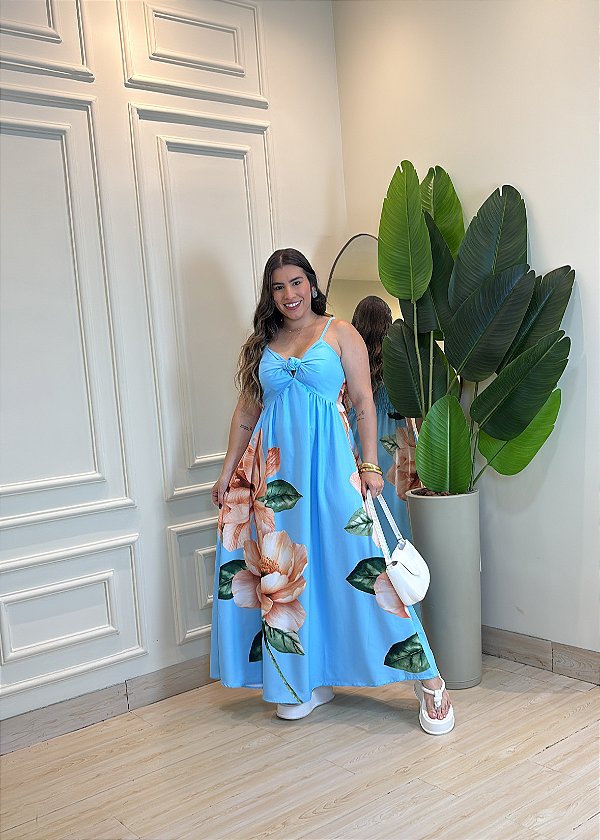 Vestido Midi Feminino em Crepe com Nó Frontal e Amarração – Estampa Floral Azul