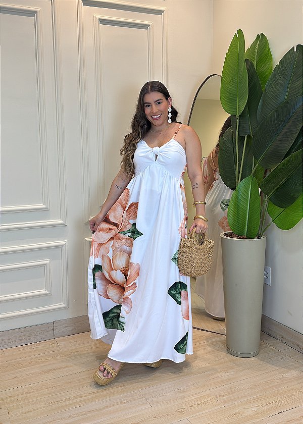 Vestido Midi Feminino em Crepe com Nó Frontal e Amarração – Estampa Floral Branco