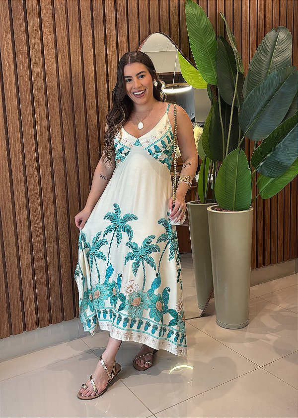 Vestido Estampado Tropical Verde Agua em Viscose com Alça e Lastex – Leve e Confortável