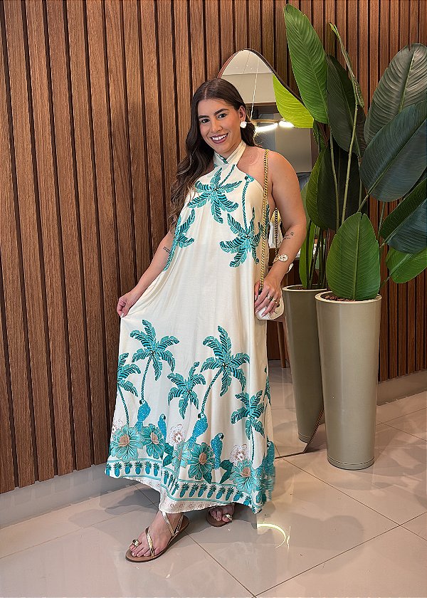 Vestido Midi Frente Única Estampado Verde Agua em Viscose com Lastex – Leve e Sofisticado