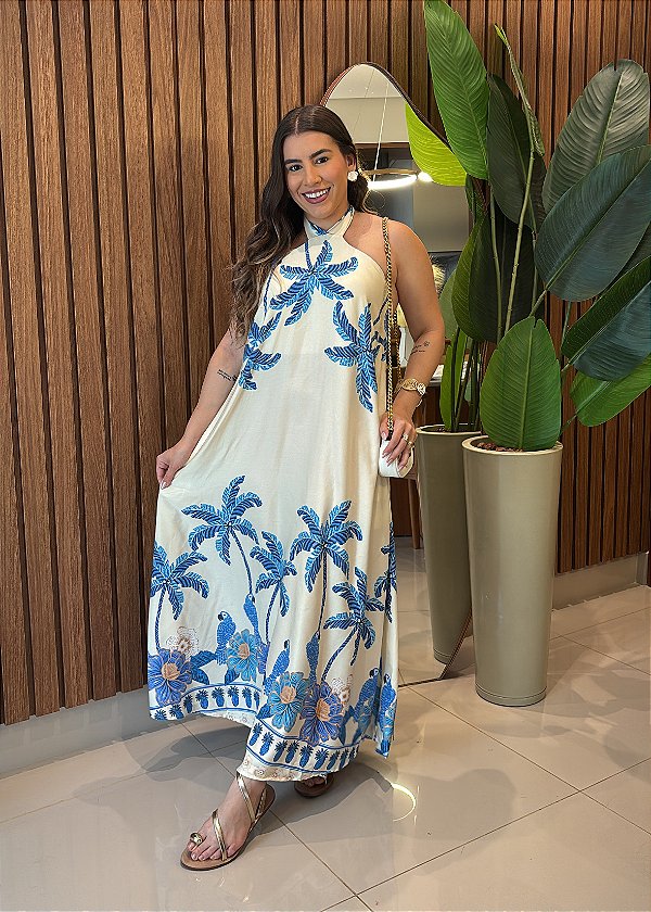 Vestido Midi Frente Única Estampado Azul em Viscose com Lastex – Leve e Sofisticado