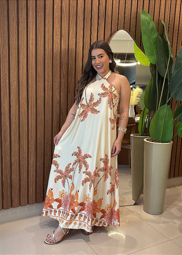 Vestido Midi Frente Única Estampado Coral em Viscose com Lastex – Leve e Sofisticado