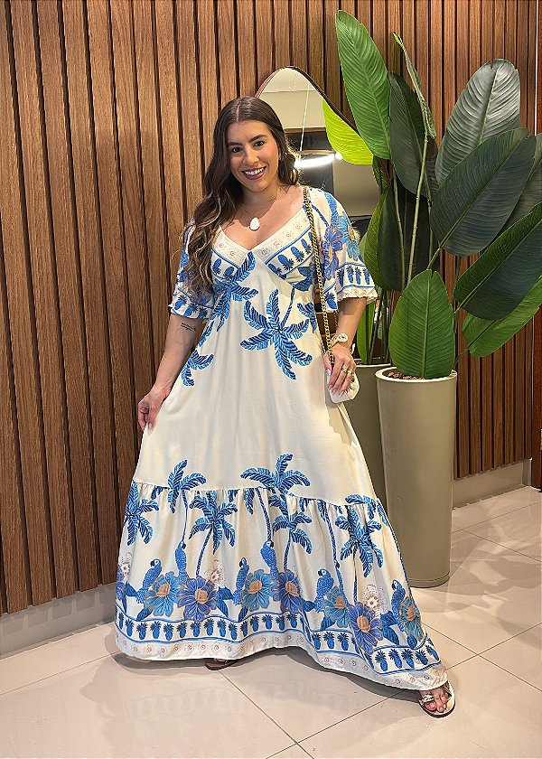 Vestido Midi  Estampado Tropical Azul com Manga em Viscose e Lastex – Conforto e Elegância