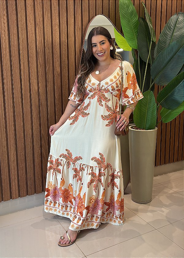 Vestido Midi  Estampado Tropical Coral com Manga em Viscose e Lastex – Conforto e Elegância