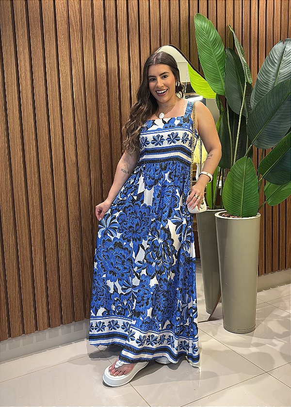 Vestido Midi Estampado Floral Azul em Viscose com Lastex – Leve, Confortável e Versátil