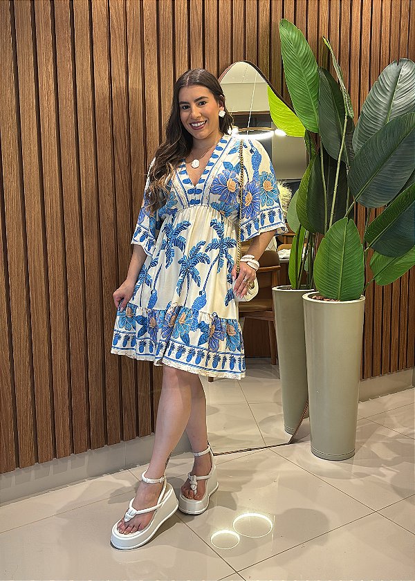 Vestido Curto Feminino em Viscose Estampado Azul – Leve, Confortável e Fresco