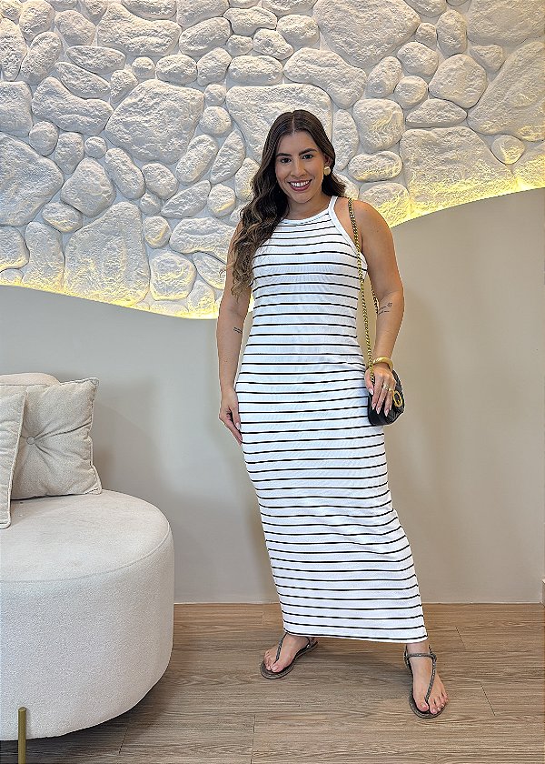 Vestido Midi Feminino Canelado Listrado Branco – Modelagem Justinha Regata