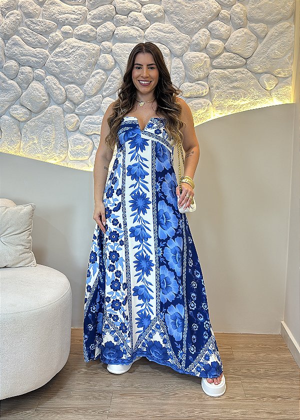 Vestido Midi Viscolinho Estampado Azul com Alças e Decote V – Leve e Elegante