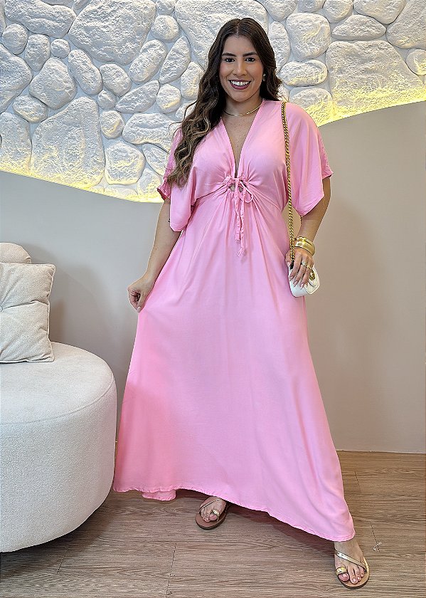 Vestido Longo em Viscolinho Rosa com Decote V e Amarração Frontal
