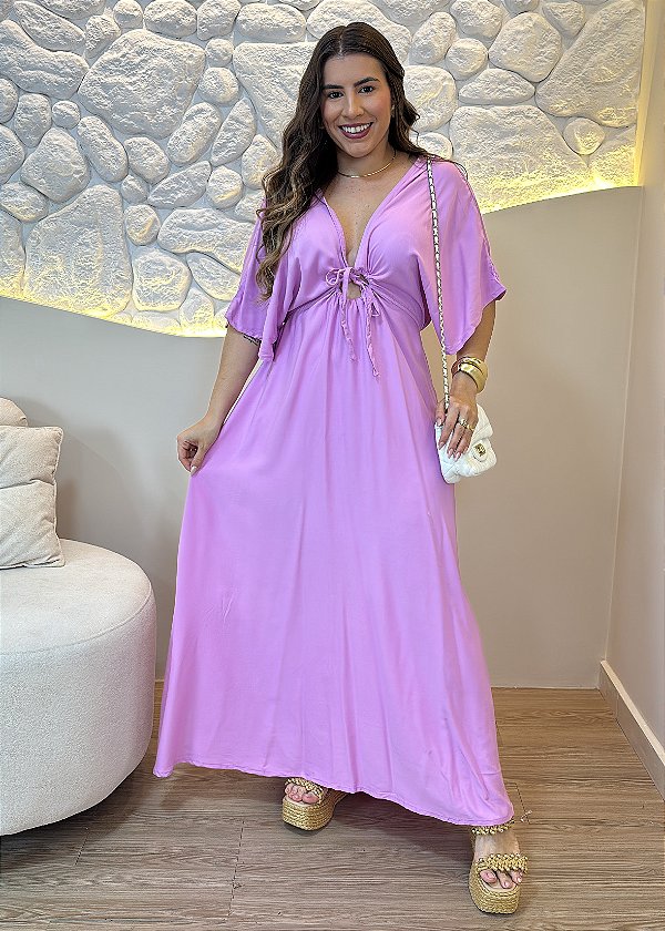 Vestido Longo em Viscolinho Lilas com Decote V e Amarração Frontal