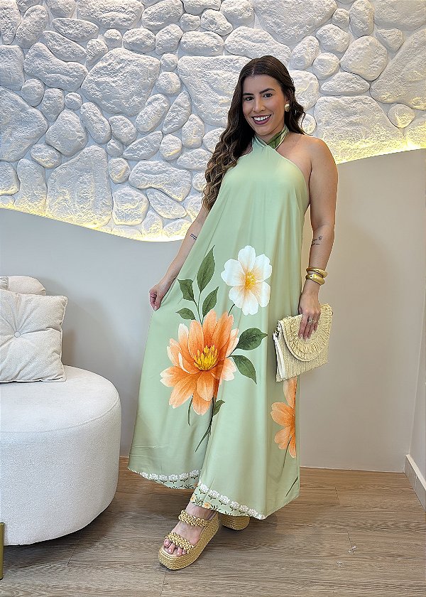 Vestido Midi Feminino em Viscolinho Verde com Estampa Floral e Gola Halter