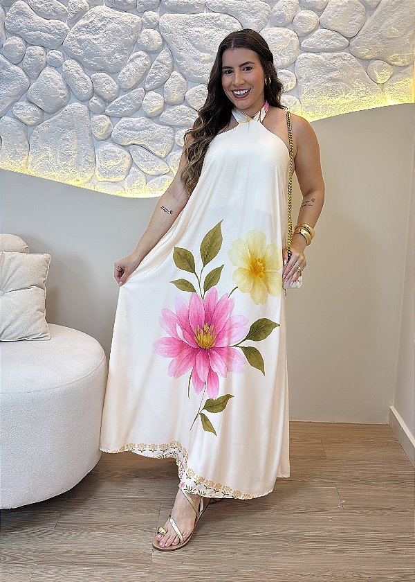 Vestido Midi Feminino em Viscolinho Off- White com Estampa Floral e Gola Halter
