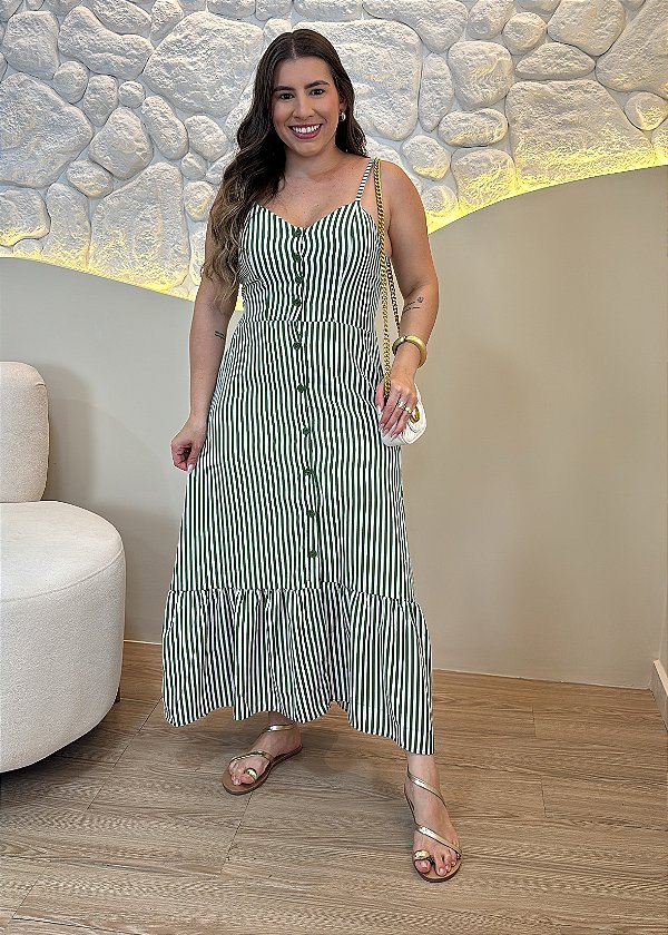 Vestido Midi Feminino Listrado Verde em Crepe com Bojo – Elegância e Caimento Perfeito