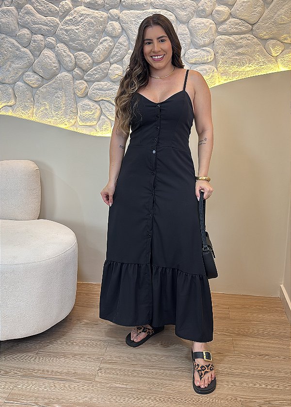 Vestido Midi Feminino Liso Preto em Crepe com Bojo – Elegância e Caimento Perfeito