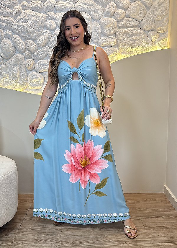 Vestido Midi Feminino Viscolinho Azul Floral com Nó Frontal e Alças Reguláveis
