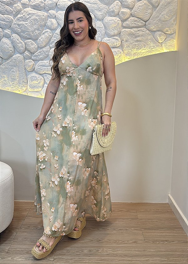 Vestido Midi em Viscolinho Rústico Floral Verde Olivia com Alças Reguláveis e Amarração nas Costas