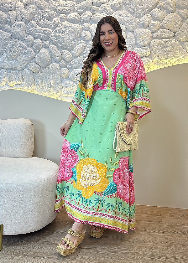 Vestido Longo Viscolinho Verde Agua Estampado com Manga Ampla e Decote V