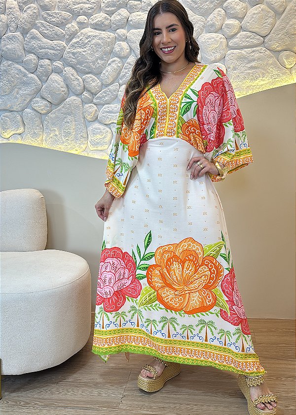 Vestido Longo Viscolinho Off -White Estampado com Manga Ampla e Decote V